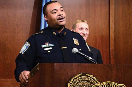 Number two at BPD: Superintendent-in-Chief William Gross spoke at a press conference last week as Boston Police Commissioner William Evans, behind him, looked on. Photo by Chris Lovett